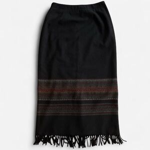 Vintage Michele Black Wool Blend Fringed Midi Skirt